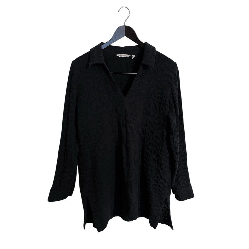 Soft Surroundings Black Cotton Gauze Collar Long Sleeve Popover Tunic Top